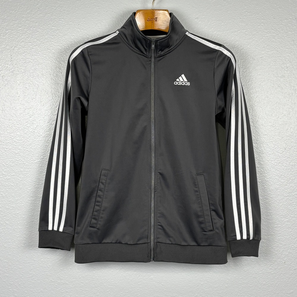 Adidas Youth Large Track Jacket Gray 3 Stripe‎ Full Zip Athletic Kids L (14/16)